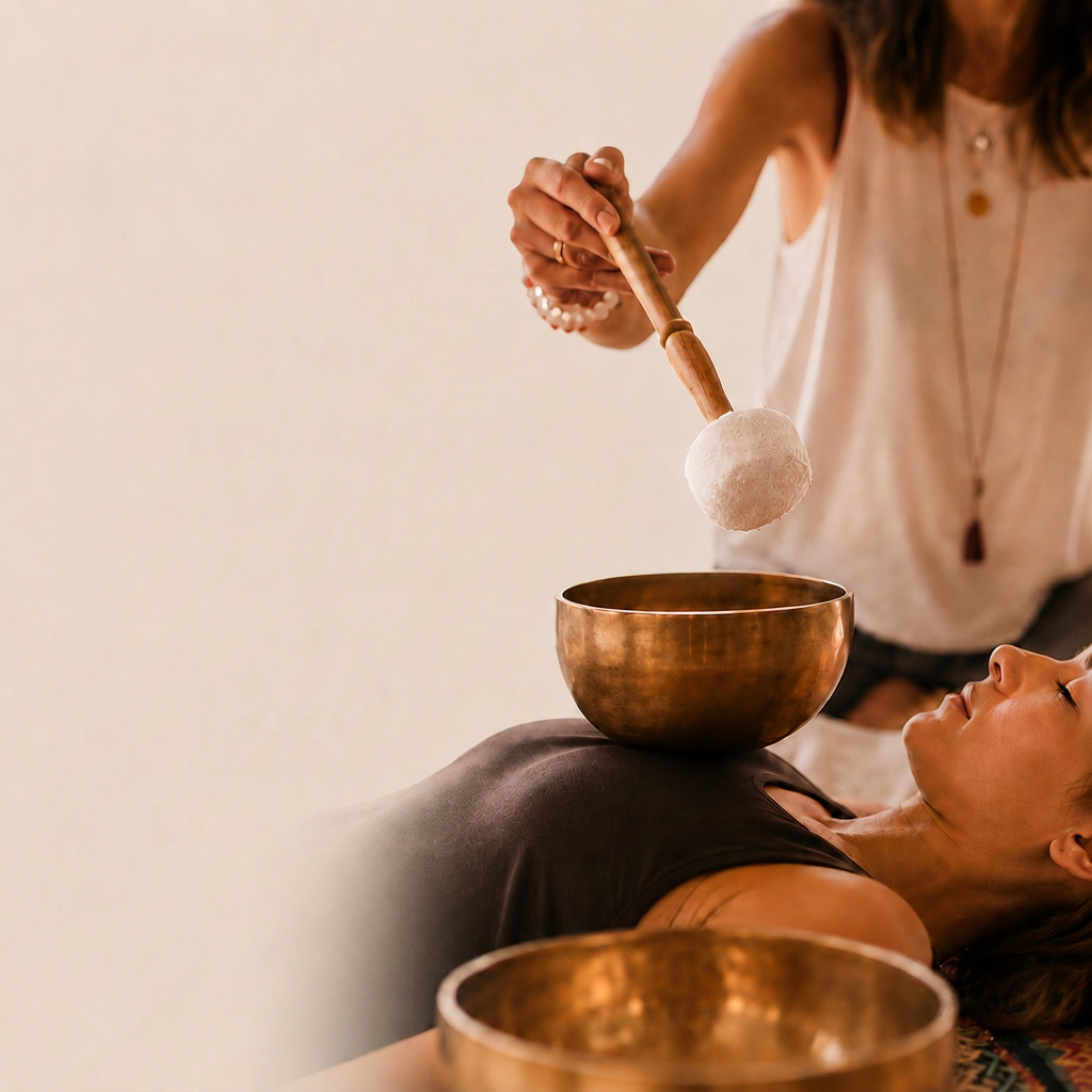 A practitioner sounding a Himalayan singing bowl over a resting guest