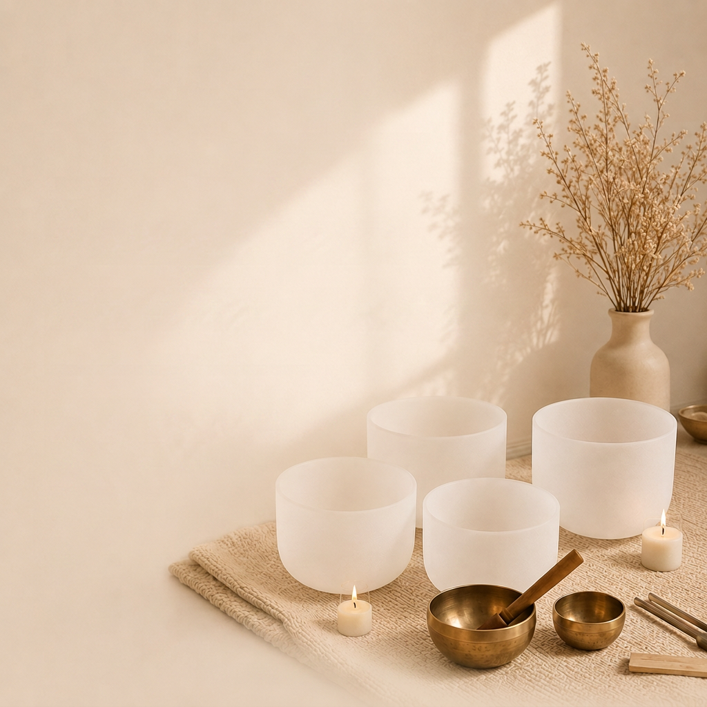 Crystal singing bowls, brass bowls, and candles in warm morning light